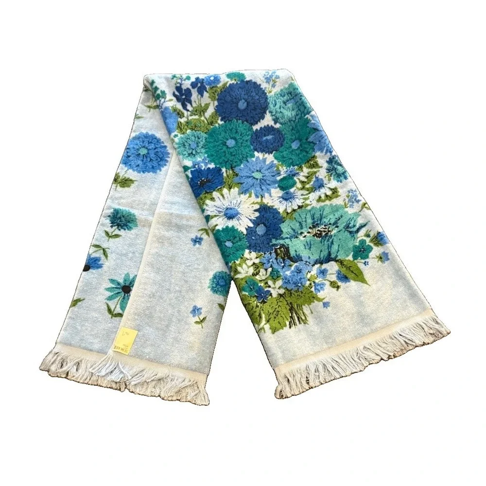 Vintage Blue Floral Fringe Bath Towel Washcloth Set Bon Marche 45x24 Cotton Tags